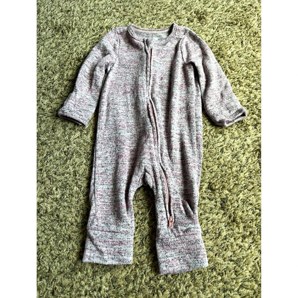 Cloud Island 0-3M Pink/Gray Cotton Blend Knit Heathered Long Sleeve Zip Coverall
